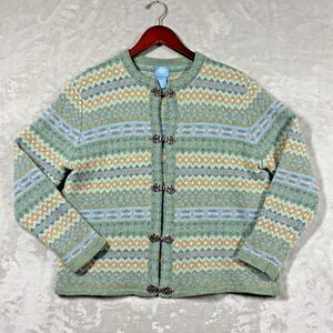 Vtg Frost 100% Lambswool Fair Isle Cardigan Sweater Womens L Nordic Metal Clasp